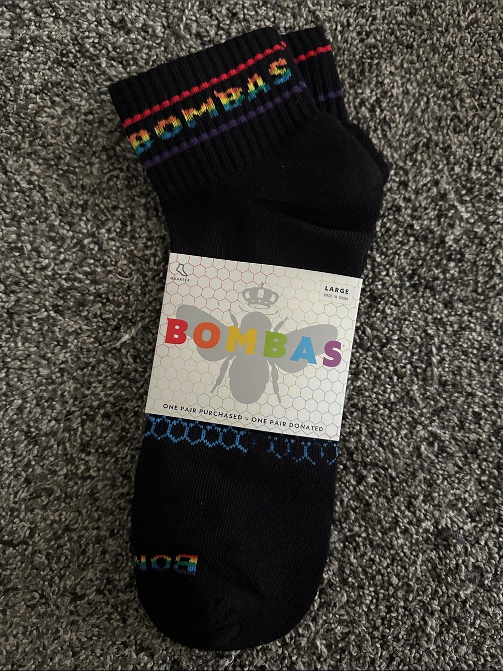 Bombas Black Crew Socks with Rainbow Logo Trim (Size Large)